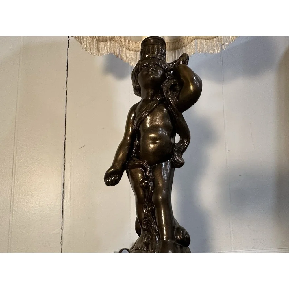 VTG Cast Metal Cherub Table Lamp Art Deco Style Wescal Hardware Fringe Shade 28